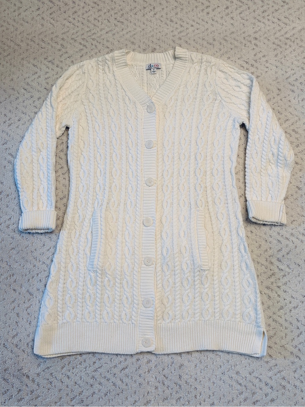 Denim Co Long Tunic Cardigan Sweater Size M Button Front Cable Knit Creamy White